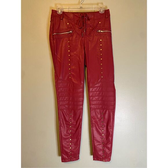 Boutique Red Maroon Studed Tie Closure Zip PocketsPunk Rock Skinny Pants XL - Picture 1 of 6